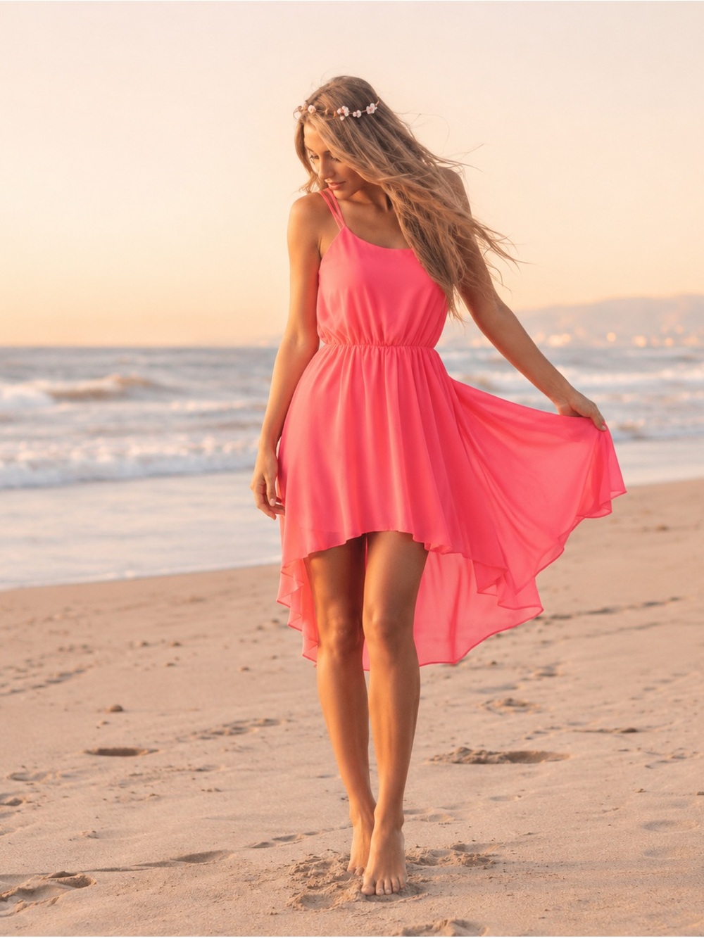 Paradis miss high low Women’s Coral Pink Strappy Back Sundress